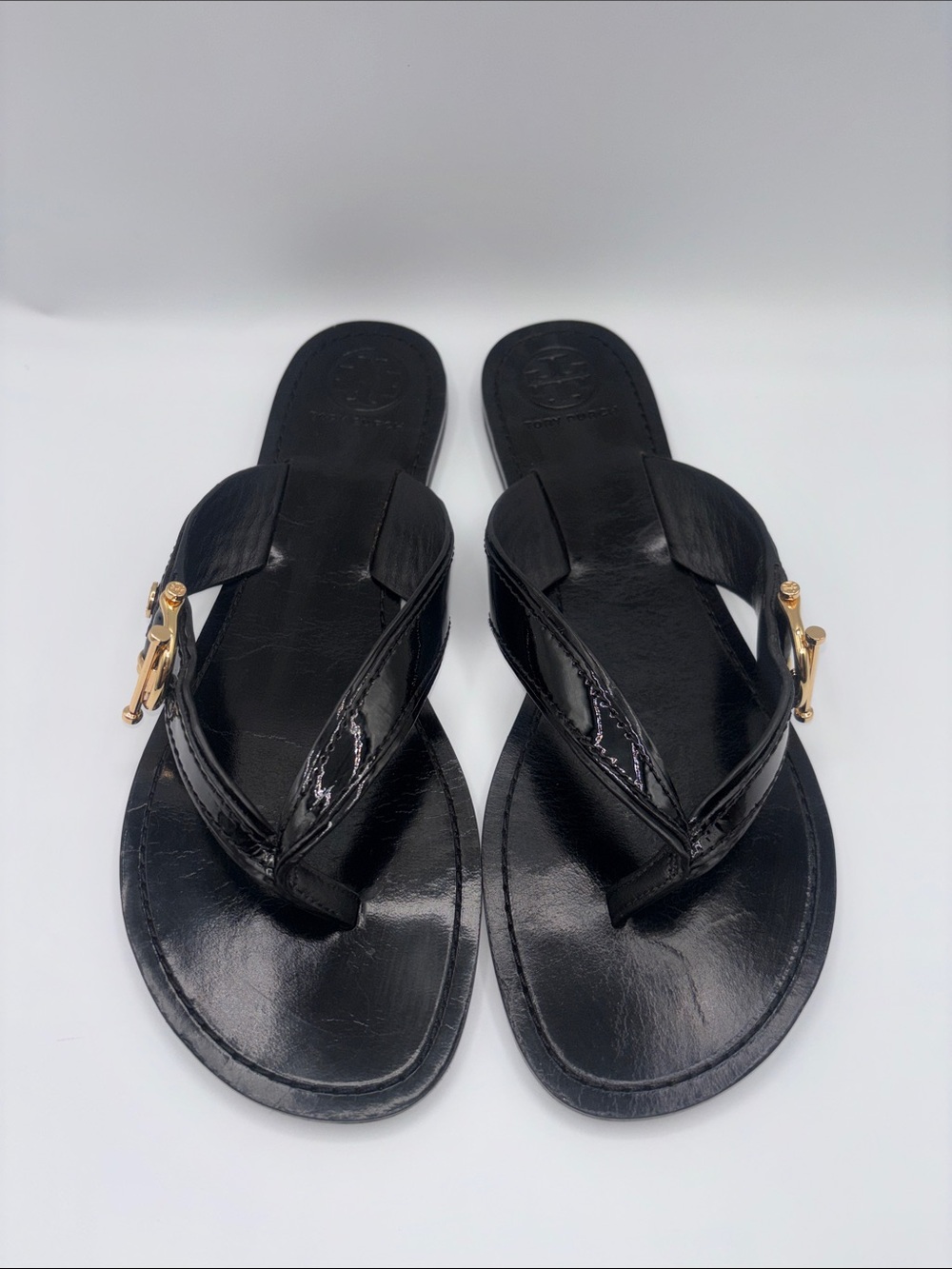 Tory Burch Black Leather Thong Sandals with Gold Hardware